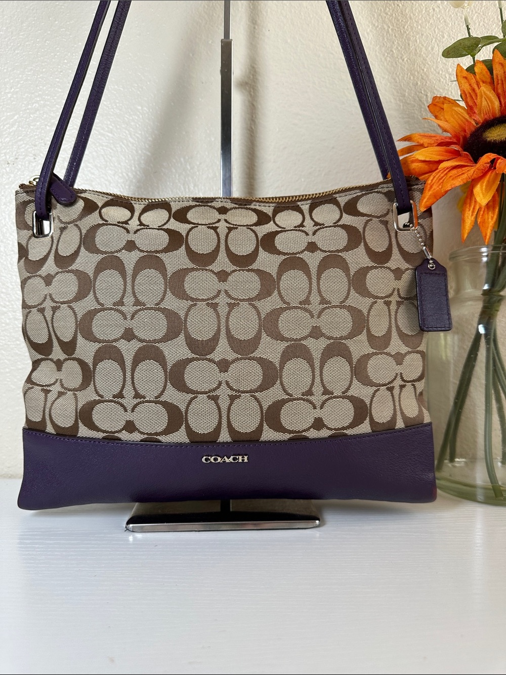 Coach Brown Signature Canvas Shoulder Bag with Purple Trim
